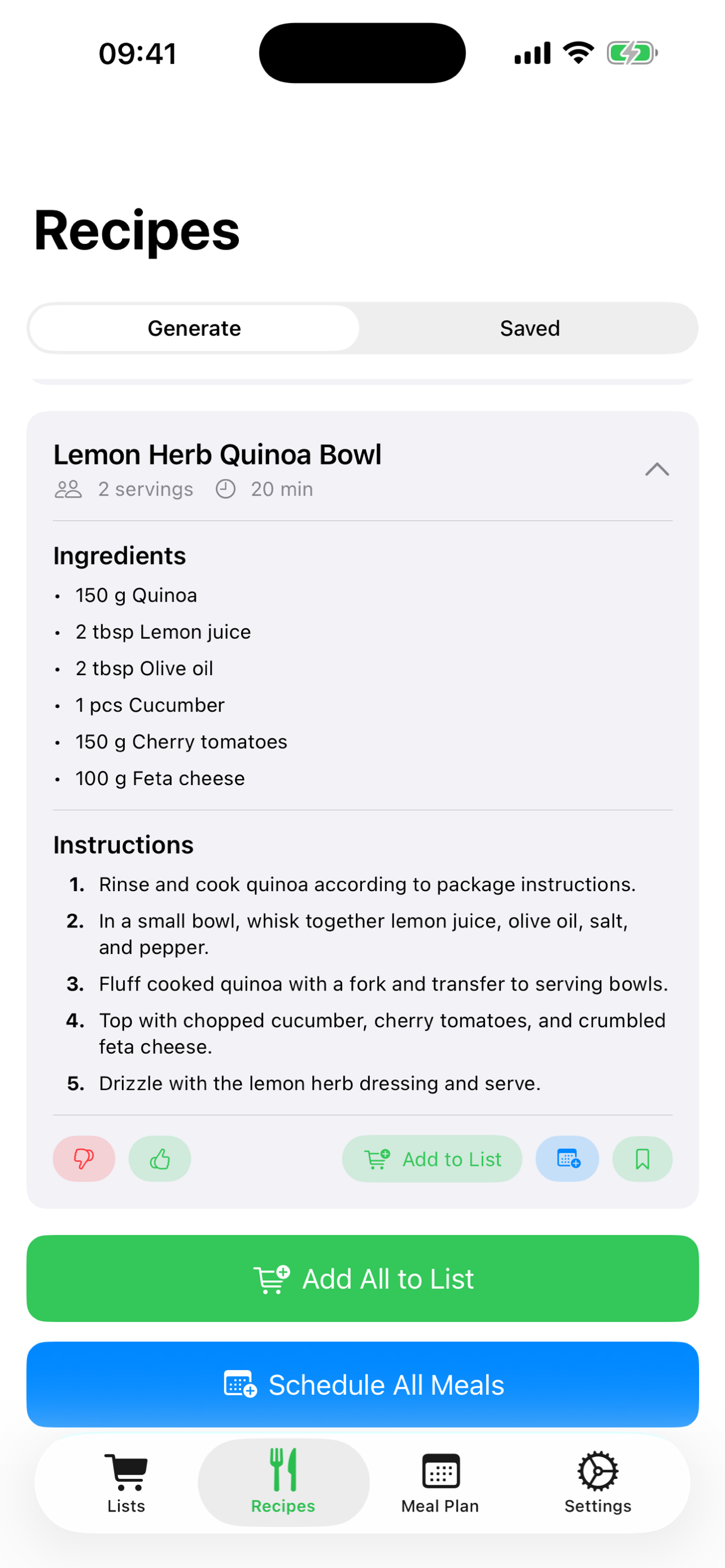 Recipe details with ingredients, instructions and nutritional info